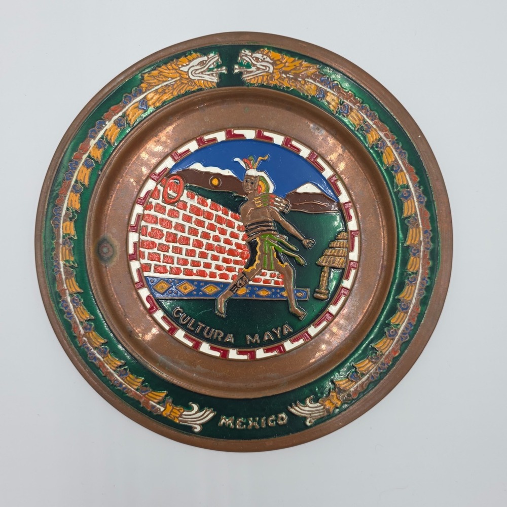 Vintage Mexico Copper/Brass Enamel Aztec Cultura Maya Plate 8" Patina - Picture 2 of 7